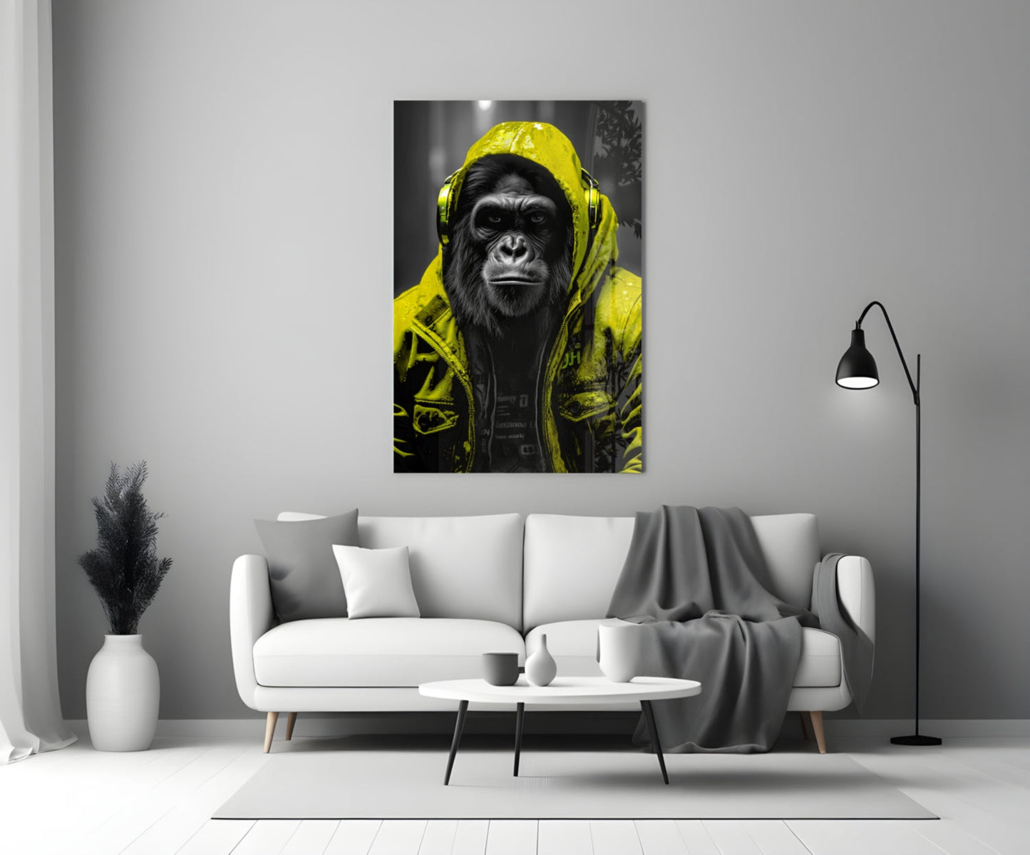 Yellow Raincoat Headphone Gorilla Glass Wall Art