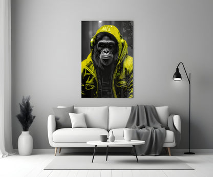 Yellow Raincoat Headphone Gorilla Glass Wall Art