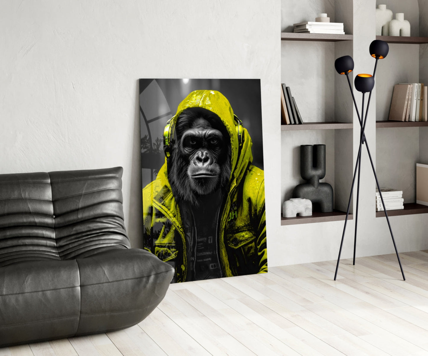 Yellow Raincoat Headphone Gorilla Glass Wall Art