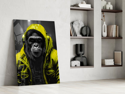 Yellow Raincoat Headphone Gorilla Glass Wall Art