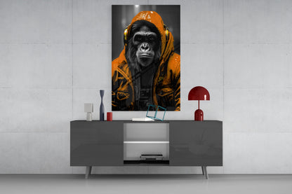 Yellow Raincoat Headphone Gorilla Glass Wall Art