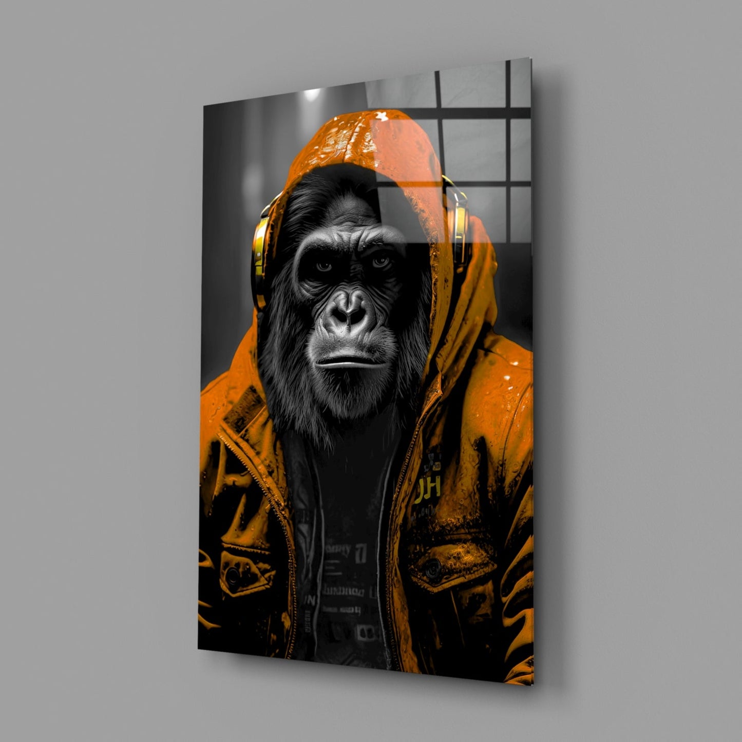 Yellow Raincoat Headphone Gorilla Glass Wall Art