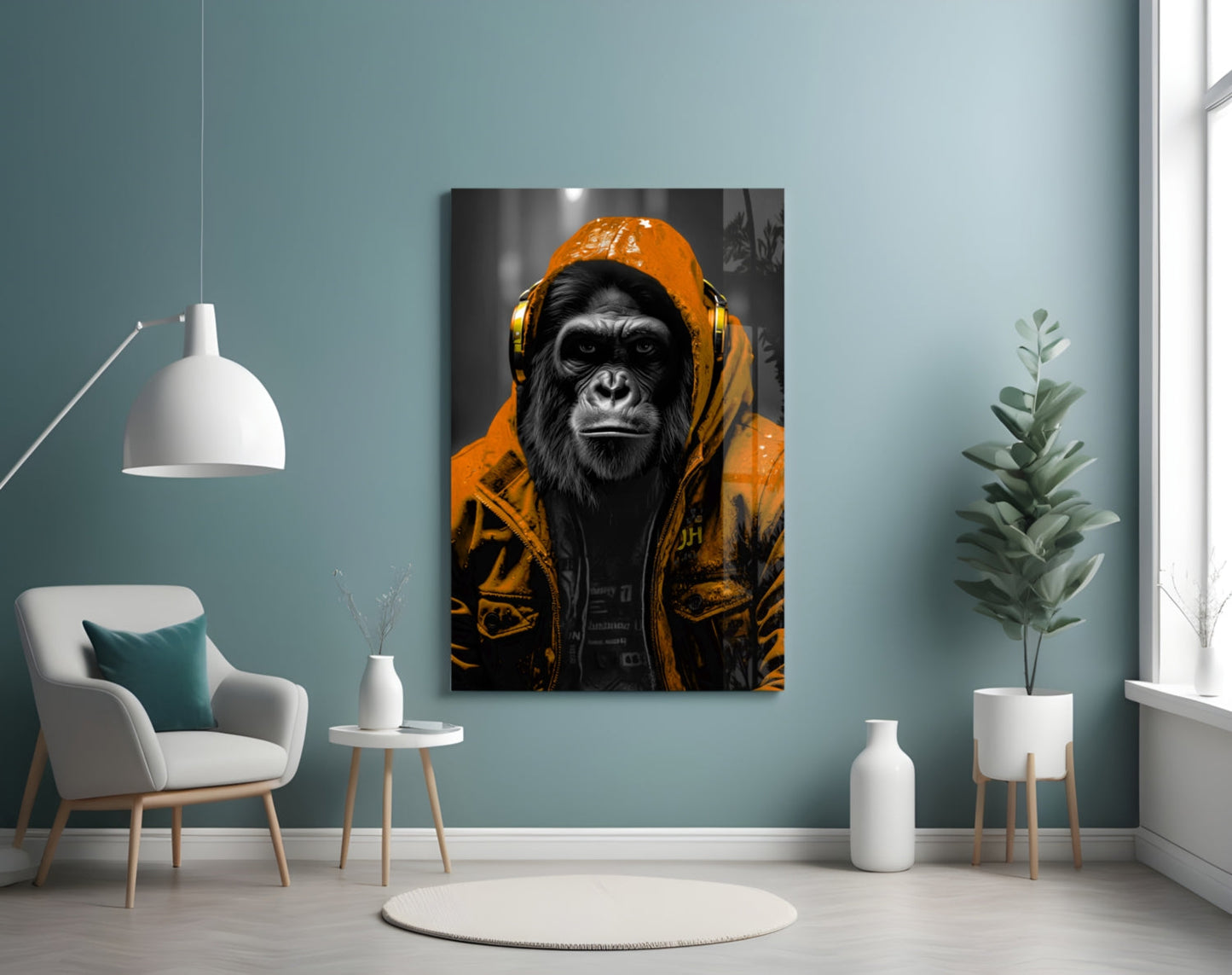 Yellow Raincoat Headphone Gorilla Glass Wall Art