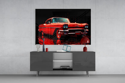 Vintage Red Coupe Glitch Glass Wall Art