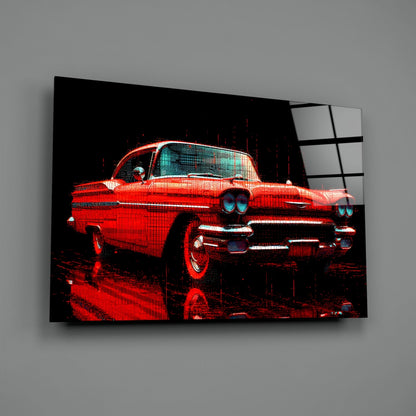 Vintage Red Coupe Glitch Glass Wall Art