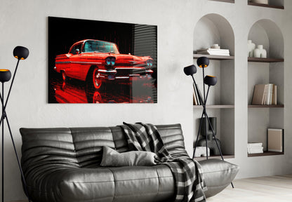 Vintage Red Coupe Glitch Glass Wall Art