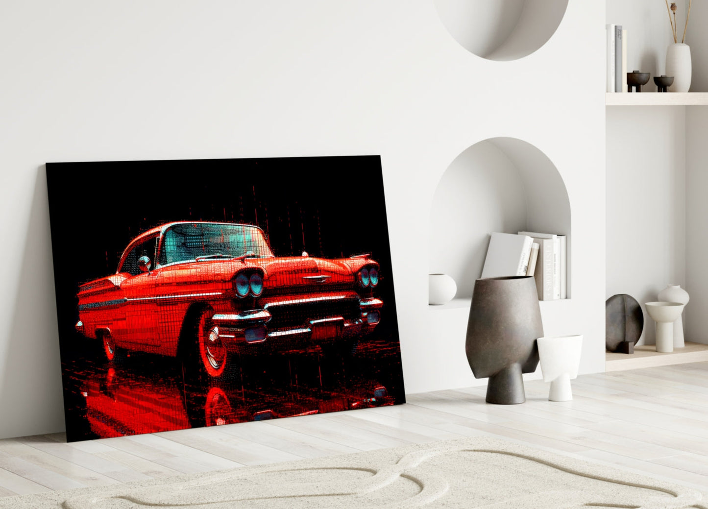 Vintage Red Coupe Glitch Glass Wall Art