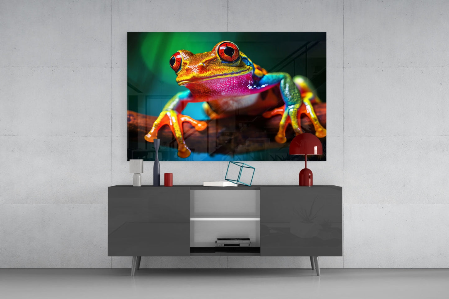 Vibrant rainbow frog glass wall art displayed above gray media console in modern living room setting.