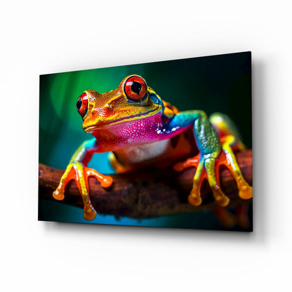 A vibrant rainbow tree frog with red eyes and multicolored body perched on a brown branch against a blurred green and blue background on glass wall art.