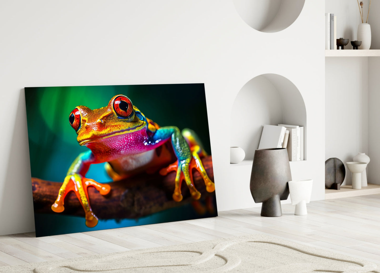 Vibrant glass wall art featuring a multicolored tree frog with red eyes leaning against a white interior wall.