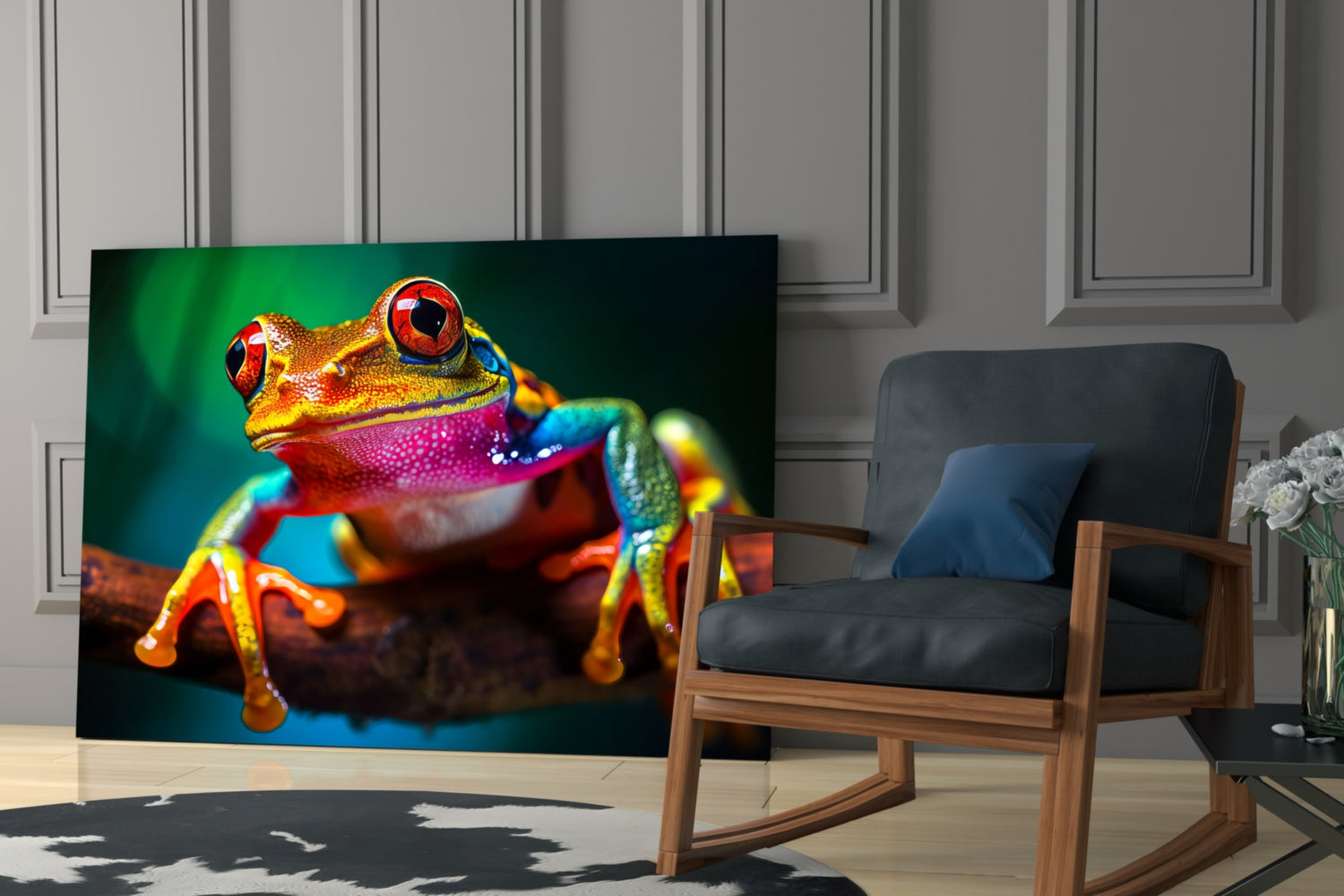 Colorful glass wall art displaying a vibrant red, yellow, and blue tree frog mounted in a modern living room setting.