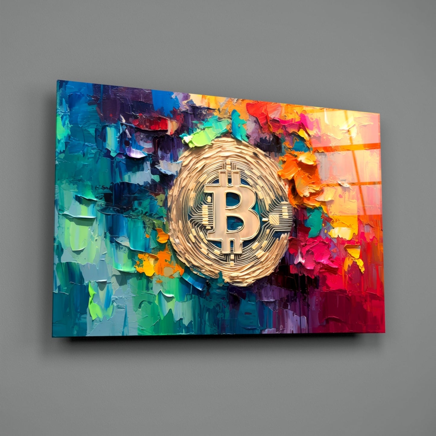Palette Knife Rainbow Bitcoin Glass Wall Art