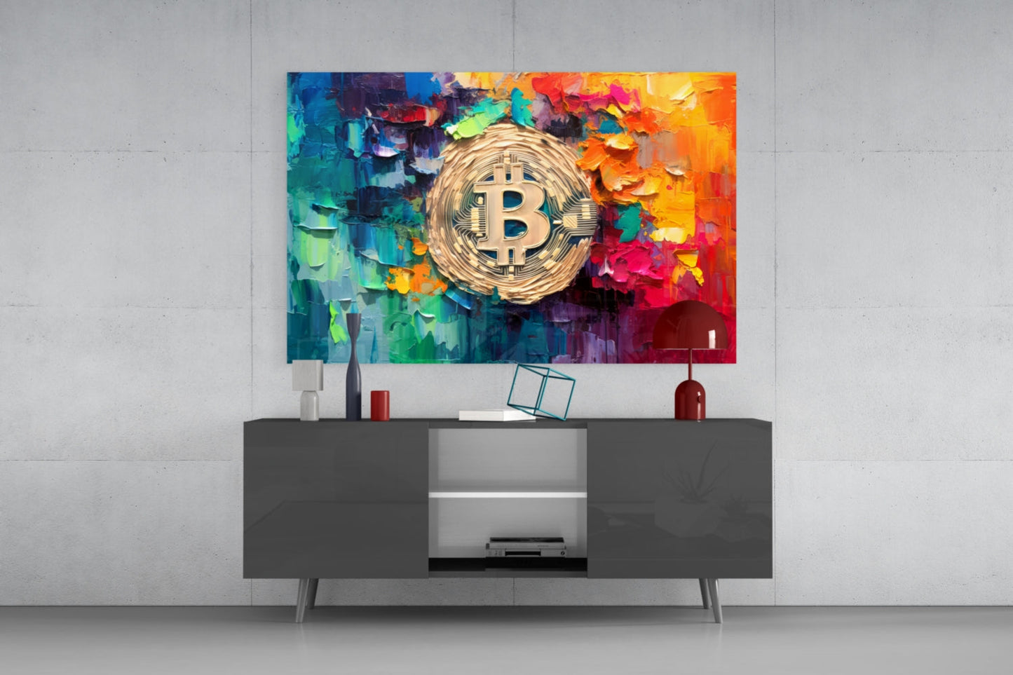 Palette Knife Rainbow Bitcoin Glass Wall Art