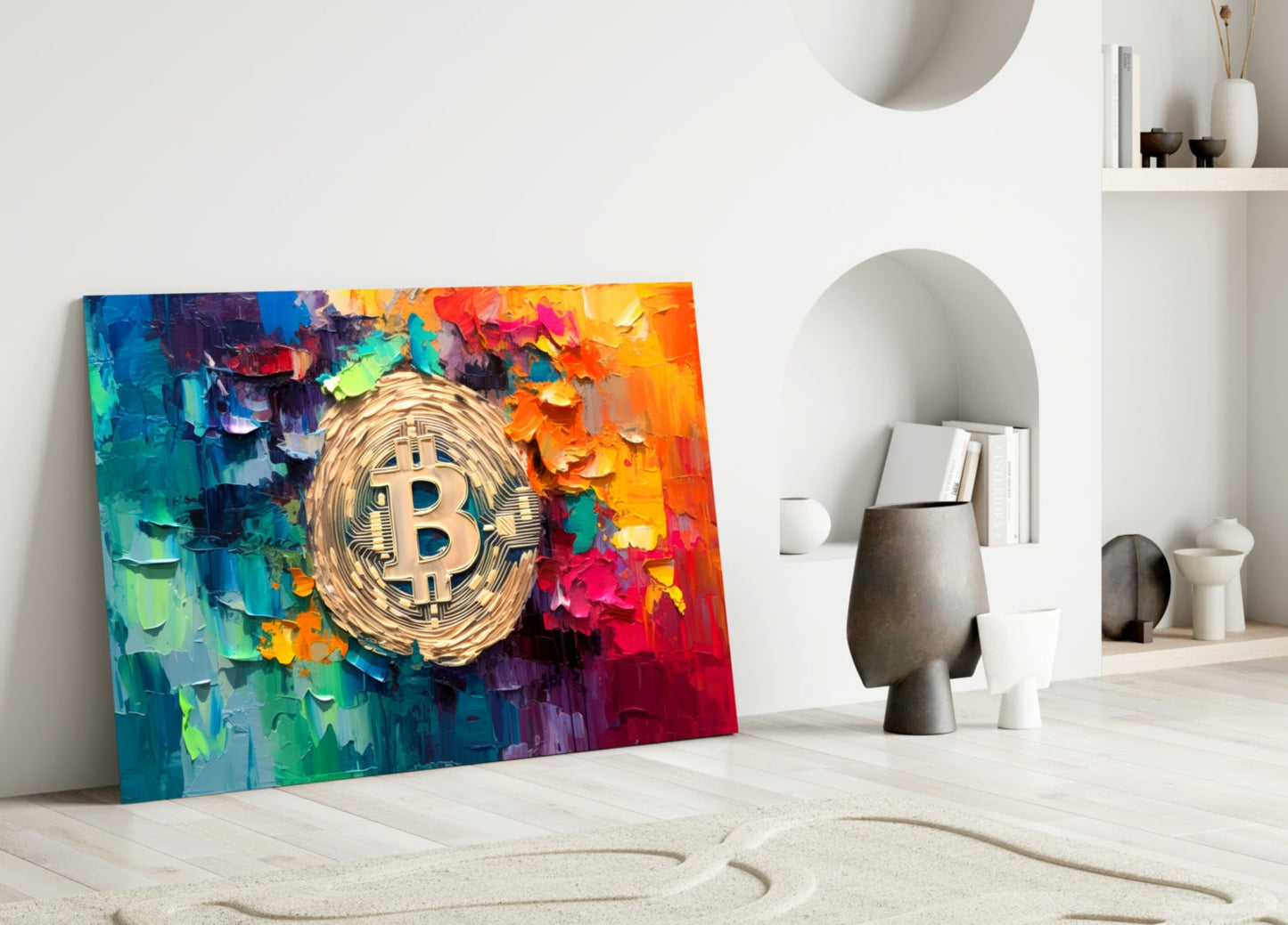 Palette Knife Rainbow Bitcoin Glass Wall Art