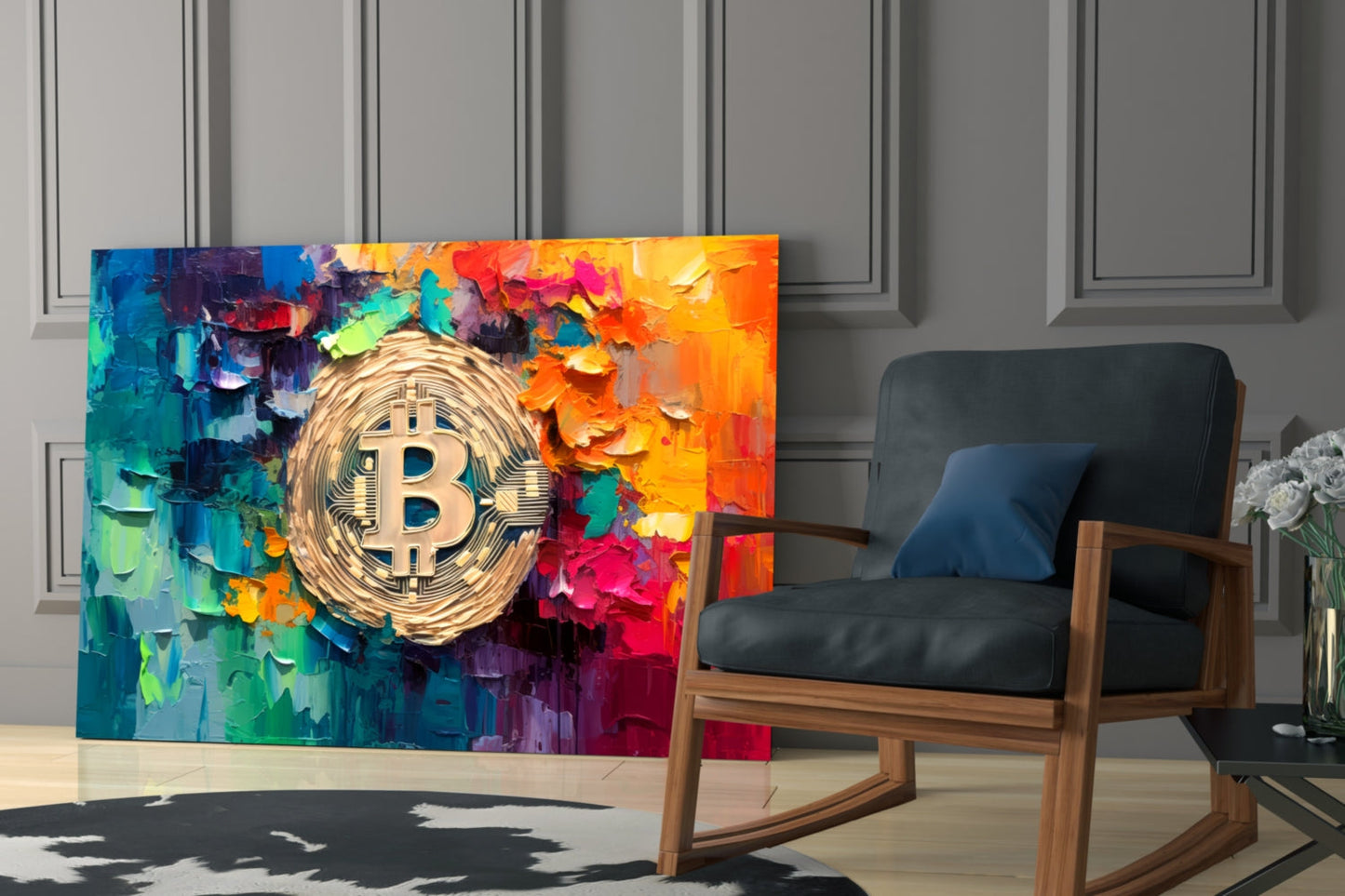 Palette Knife Rainbow Bitcoin Glass Wall Art