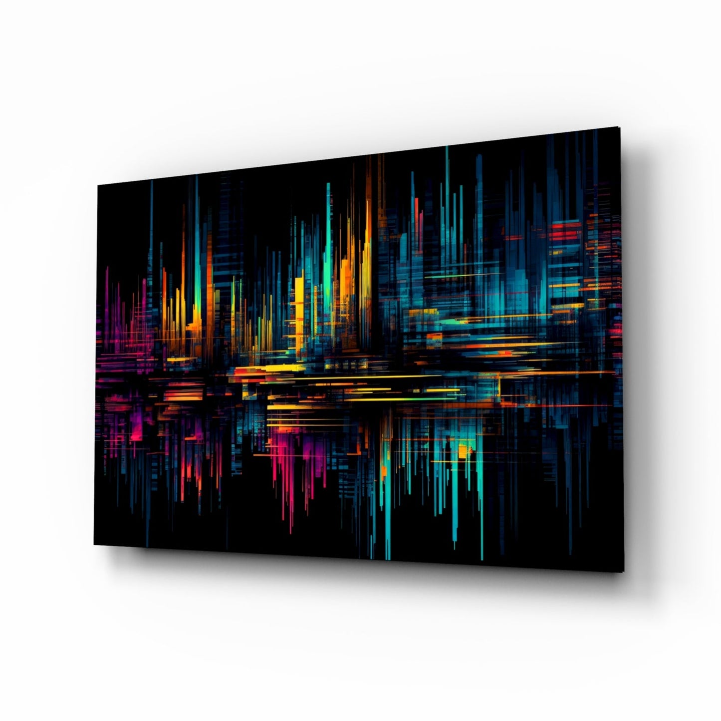 Neon Skyline Light Streaks Glass Wall Art