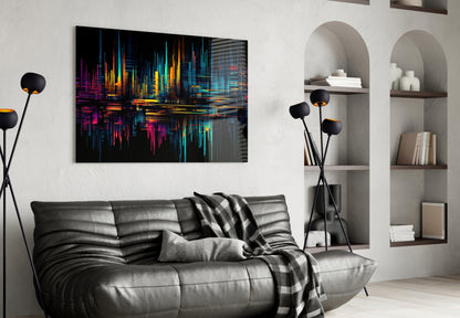 Neon Skyline Light Streaks Glass Wall Art