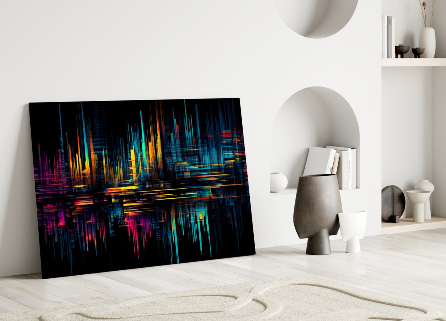 Neon Skyline Light Streaks Glass Wall Art