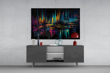 Neon Skyline Light Streaks Glass Wall Art