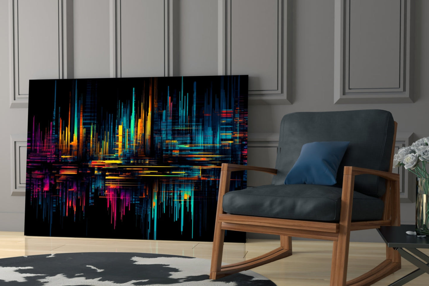 Neon Skyline Light Streaks Glass Wall Art