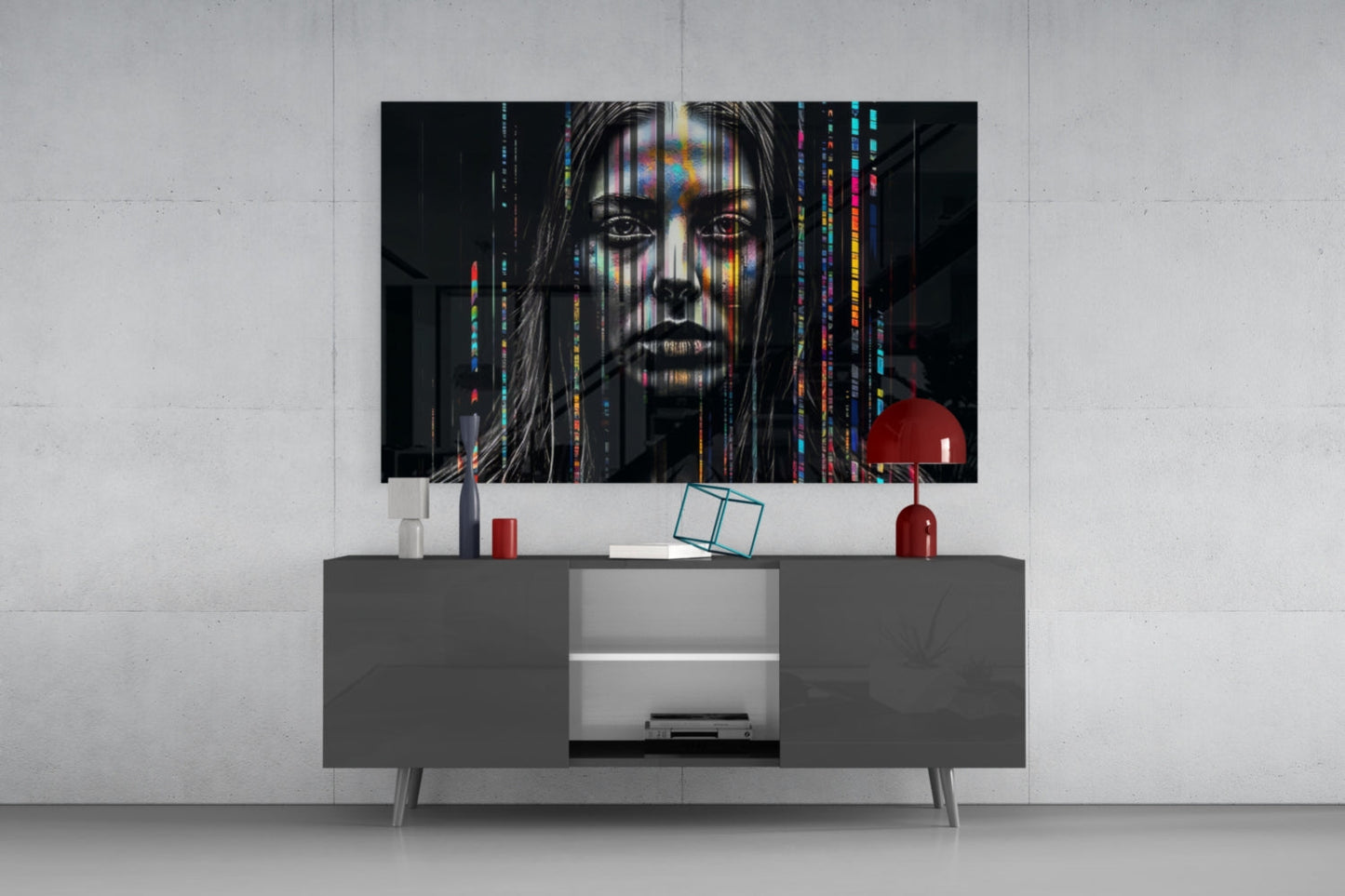 Glitch Stripes Woman Portrait Glass Wall Art