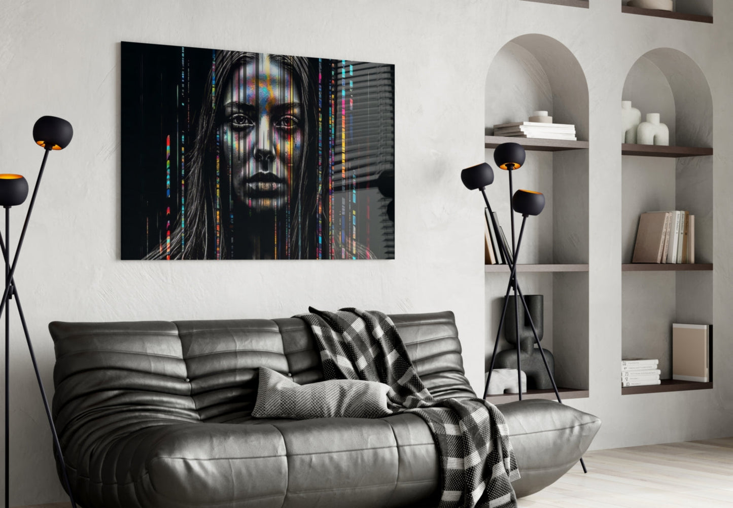 Glitch Stripes Woman Portrait Glass Wall Art