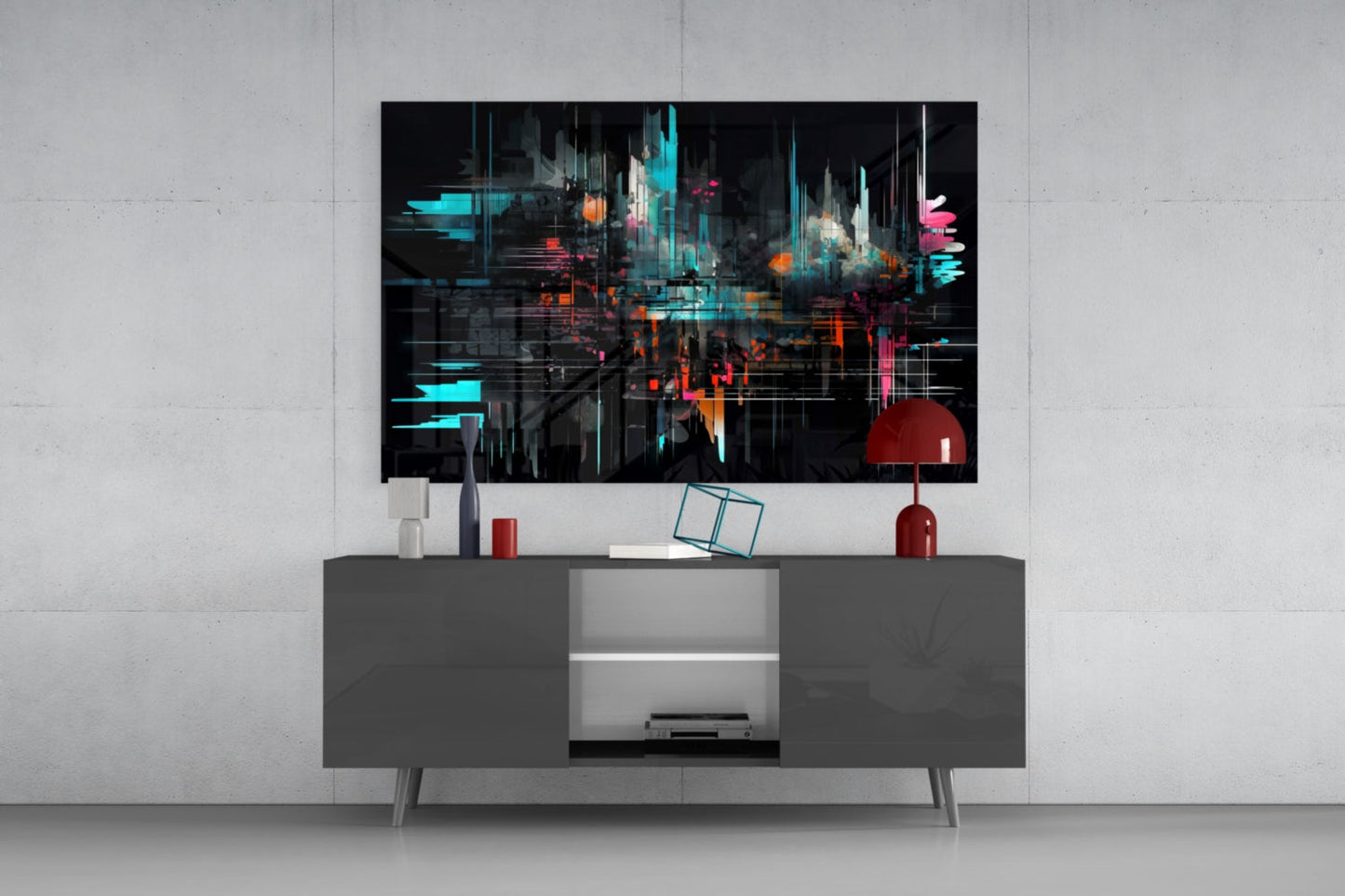 Modern living room with neon abstract glass wall art featuring cyan, orange, and pink geometric patterns displayed above gray media console.