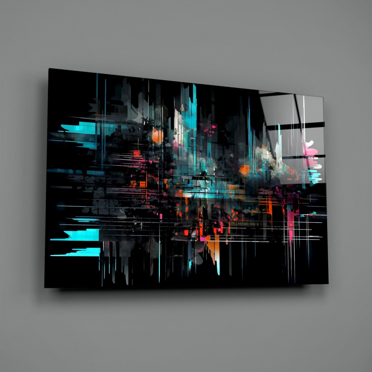 Modern glass wall art panel displaying abstract glitch design with cyan, orange, and magenta neon colors on black background, angled three-quarter view.