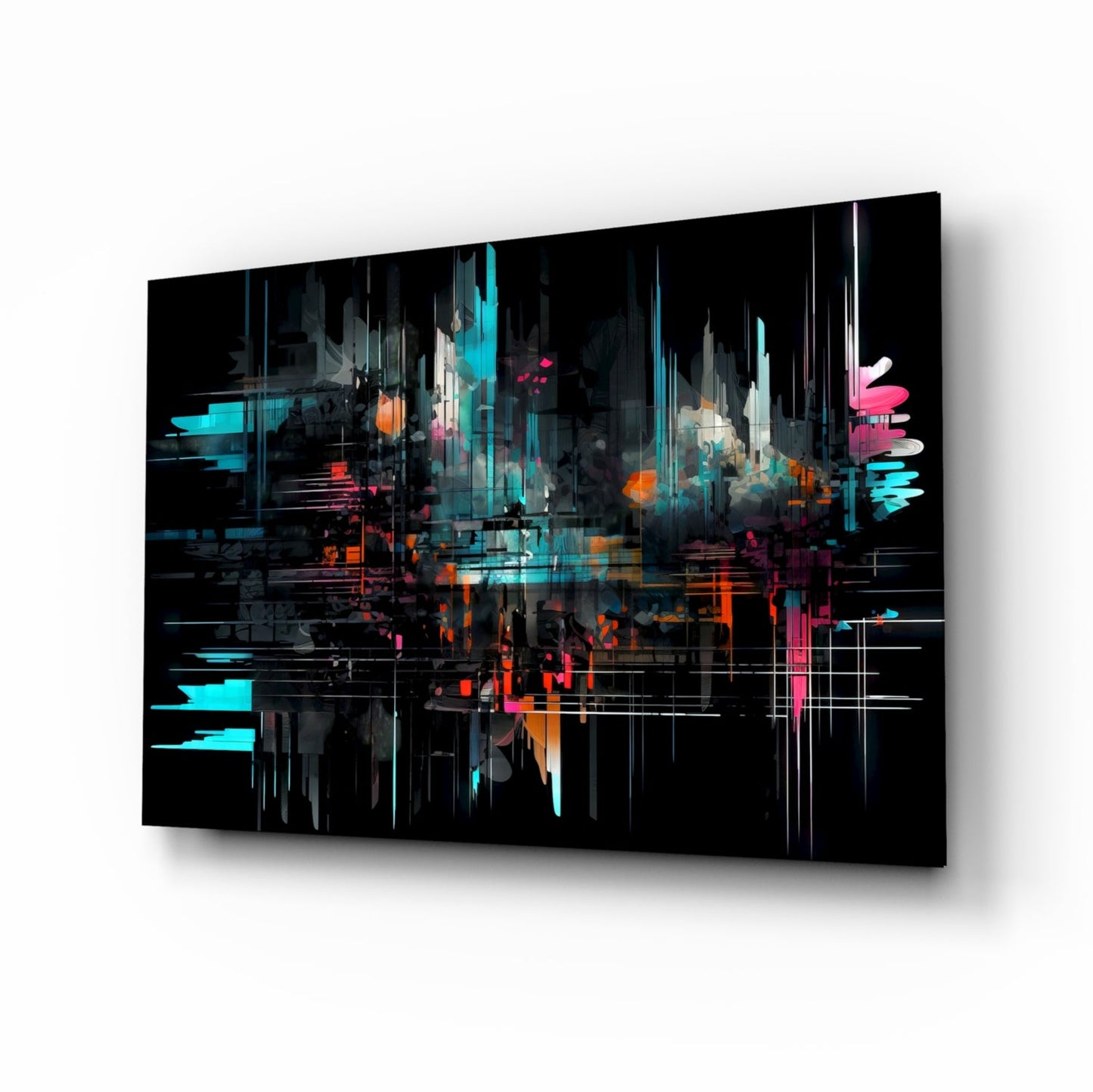 Abstract glass wall art panel with neon cyan, pink, and orange geometric shapes and vertical lines on black background, displayed at angle.
