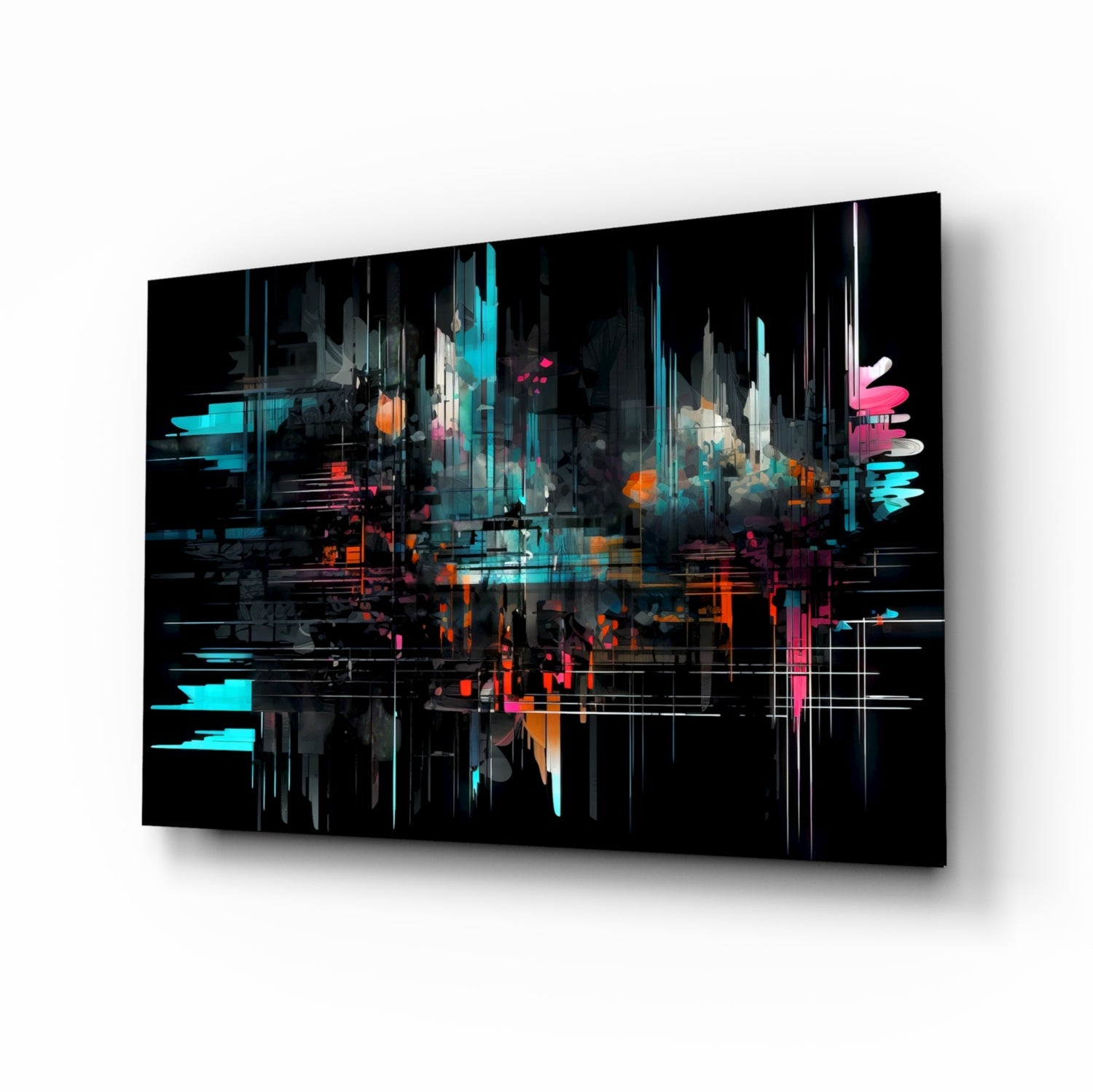 Abstract glass wall art panel with neon cyan, pink, and orange geometric shapes and vertical lines on black background, displayed at angle.