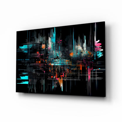 Abstract glass wall art panel with neon cyan, pink, and orange geometric shapes and vertical lines on black background, displayed at angle.