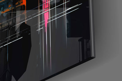 Modern glass wall art with neon pink and white linear designs displayed at an angle against neutral background.