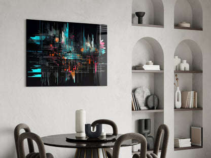 Colorful abstract digital art with cyan, orange, and magenta neon glitches on black background, displayed above dining table in modern interior.