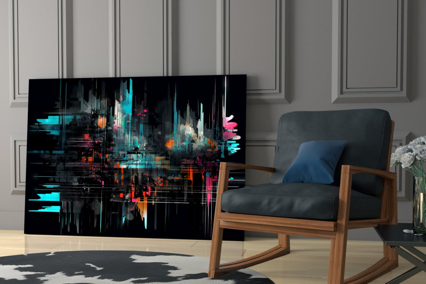 Abstract glass wall art with cyan, magenta, and orange geometric shapes on black background displayed in modern living room beside wooden chair.