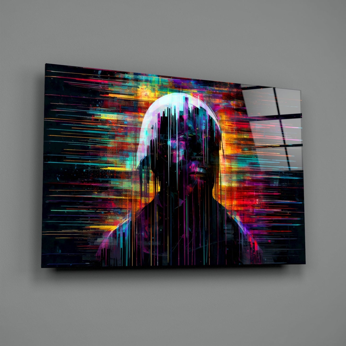 Colorful glass wall art displaying a silhouetted head with neon glitch effects and horizontal light streaks in vibrant rainbow hues.