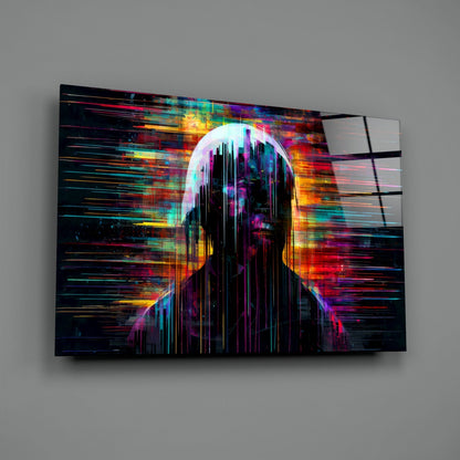 Colorful glass wall art displaying a silhouetted head with neon glitch effects and horizontal light streaks in vibrant rainbow hues.