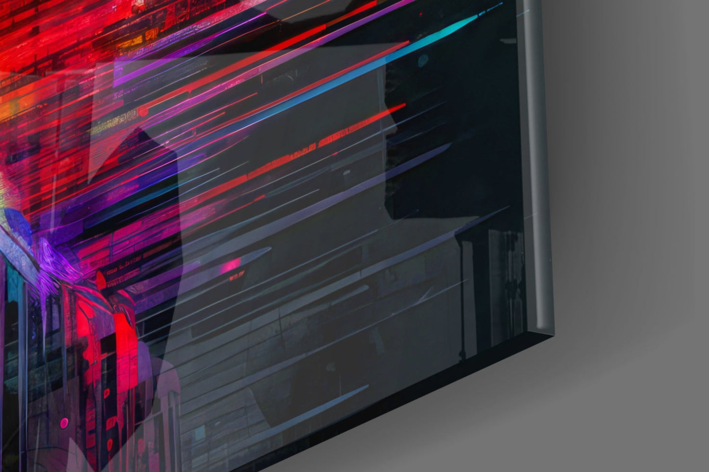 Angled side view of glass wall art displaying vibrant red, purple, and blue neon light streaks against dark horizontal slats.