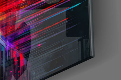 Angled side view of glass wall art displaying vibrant red, purple, and blue neon light streaks against dark horizontal slats.
