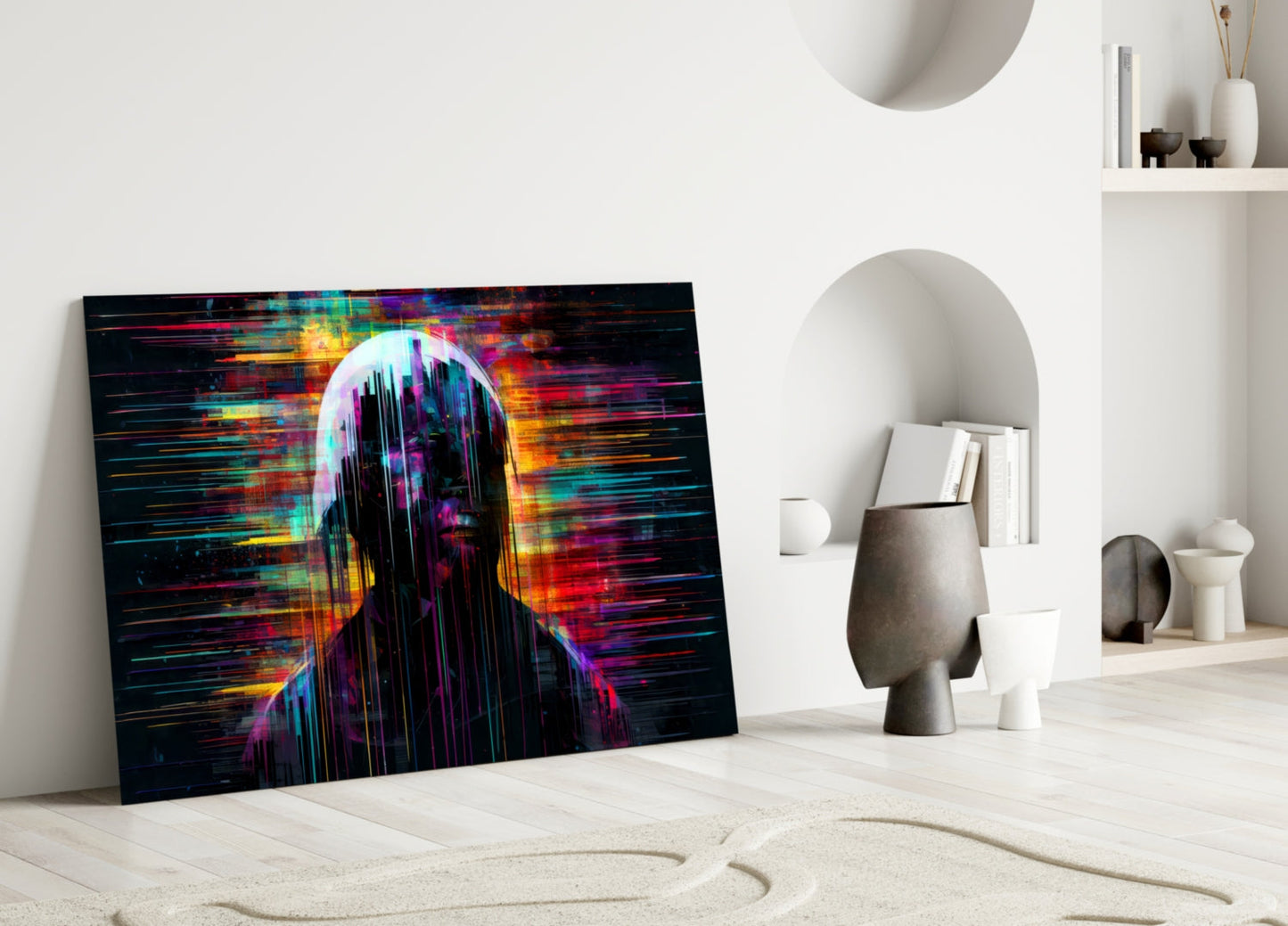 Colorful glass wall art with glitch effect portrait leaning against white wall in minimalist interior setting.