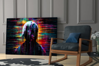 Colorful glitch art glass panel featuring a silhouetted figure with rainbow horizontal streaks displayed in modern living room setting.