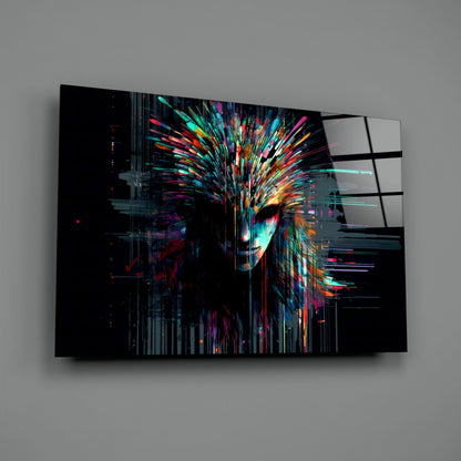 Abstract colorful digital face with radiating neon streaks on black glass panel mounted on gray wall, angled view.