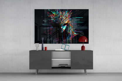 Modern living room setup featuring a colorful digital art print of an abstract face with vibrant neon streaks displayed on a wall-mounted television above a gray media console.
