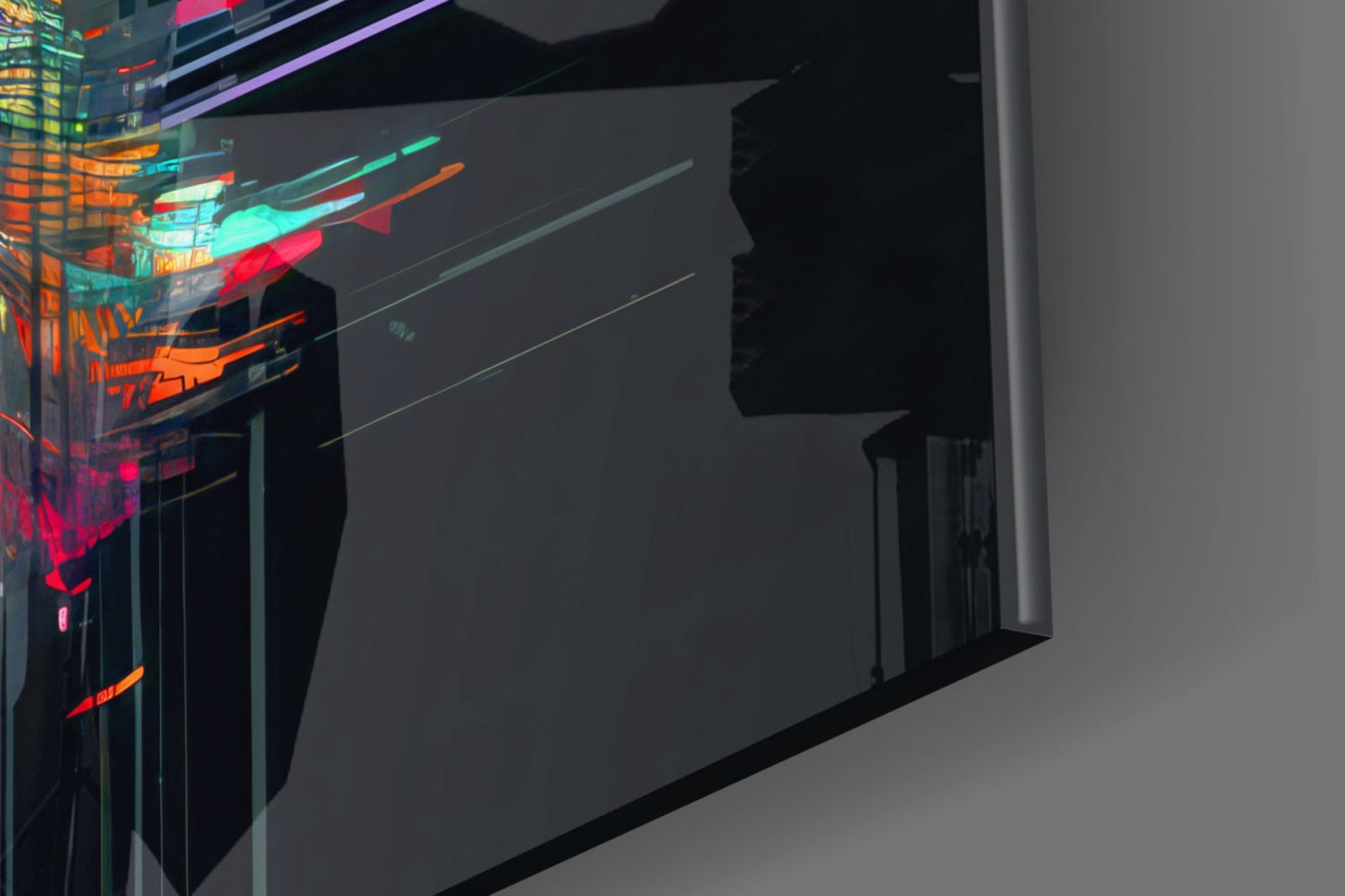 Angled view of colorful glass wall art with neon orange, cyan, red, and green streaks displayed on a gray wall.