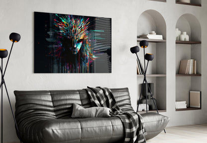 Colorful digital face artwork with neon streaks displayed above gray leather sofa in modern living room interior.