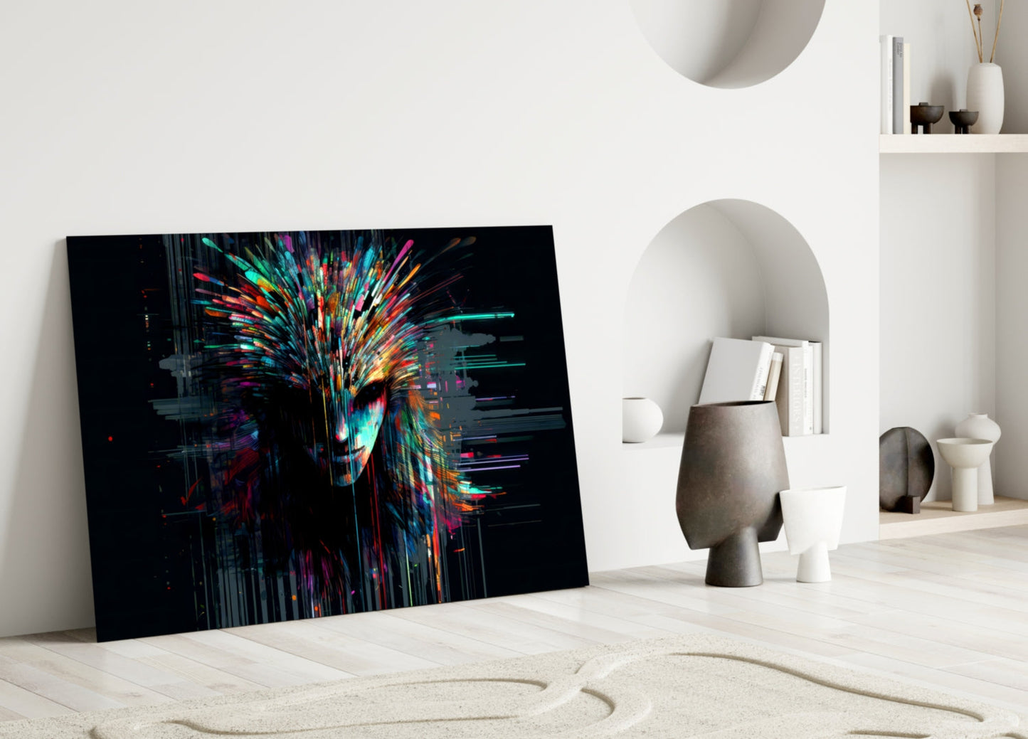 Colorful digital art glass panel leaning against white wall in minimalist room with decorative objects and shelving.