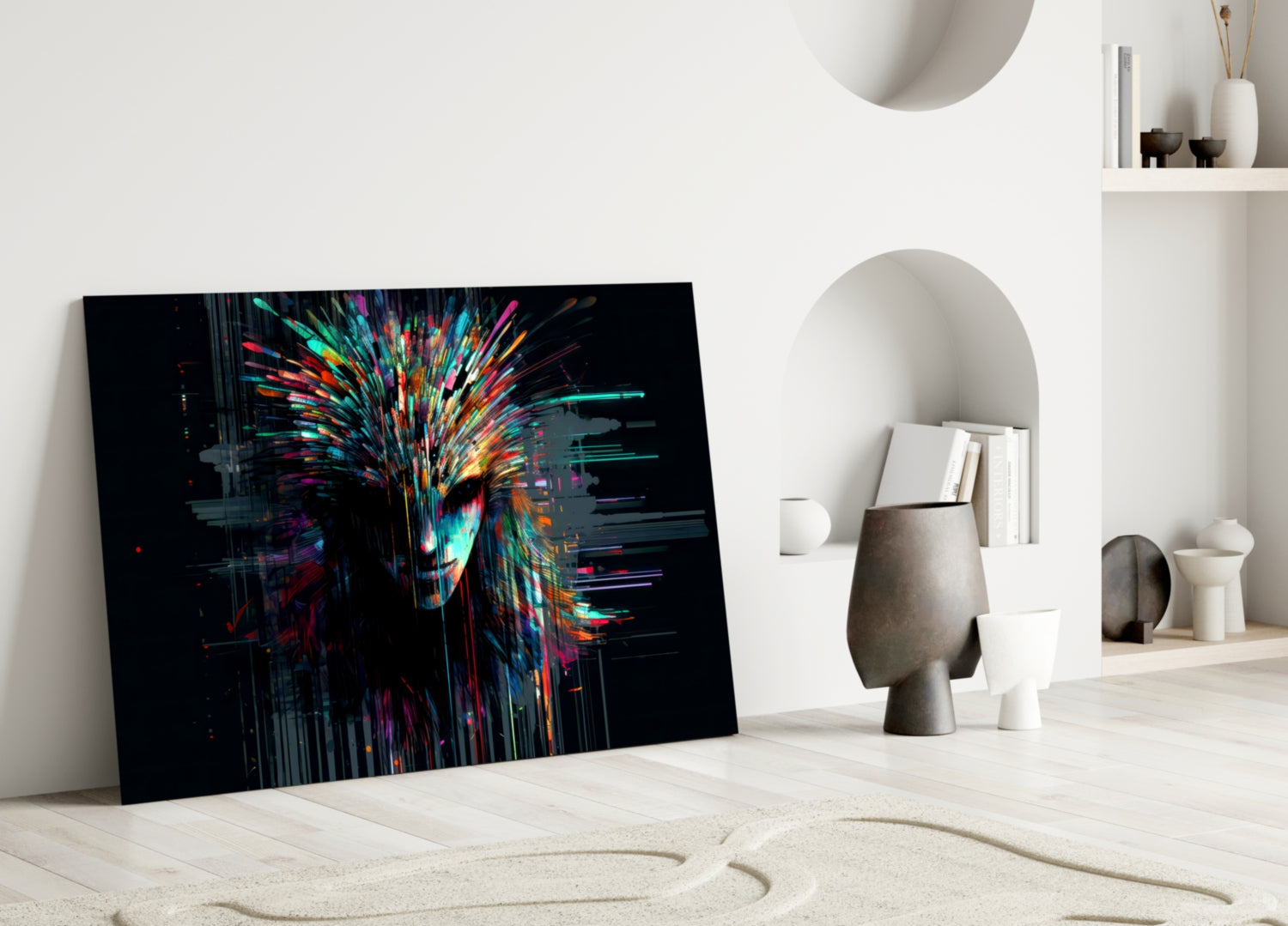 Colorful digital art glass panel leaning against white wall in minimalist room with decorative objects and shelving.
