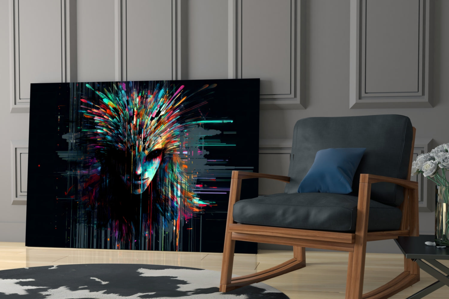Colorful abstract face artwork with neon streaks displayed on black glass panel in modern living room setting with wooden chair.