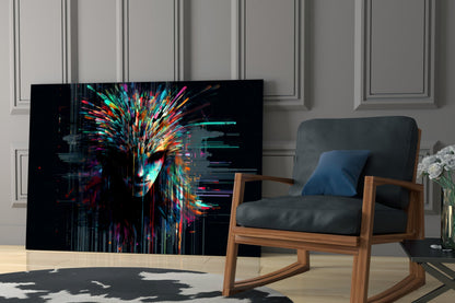 Colorful abstract face artwork with neon streaks displayed on black glass panel in modern living room setting with wooden chair.