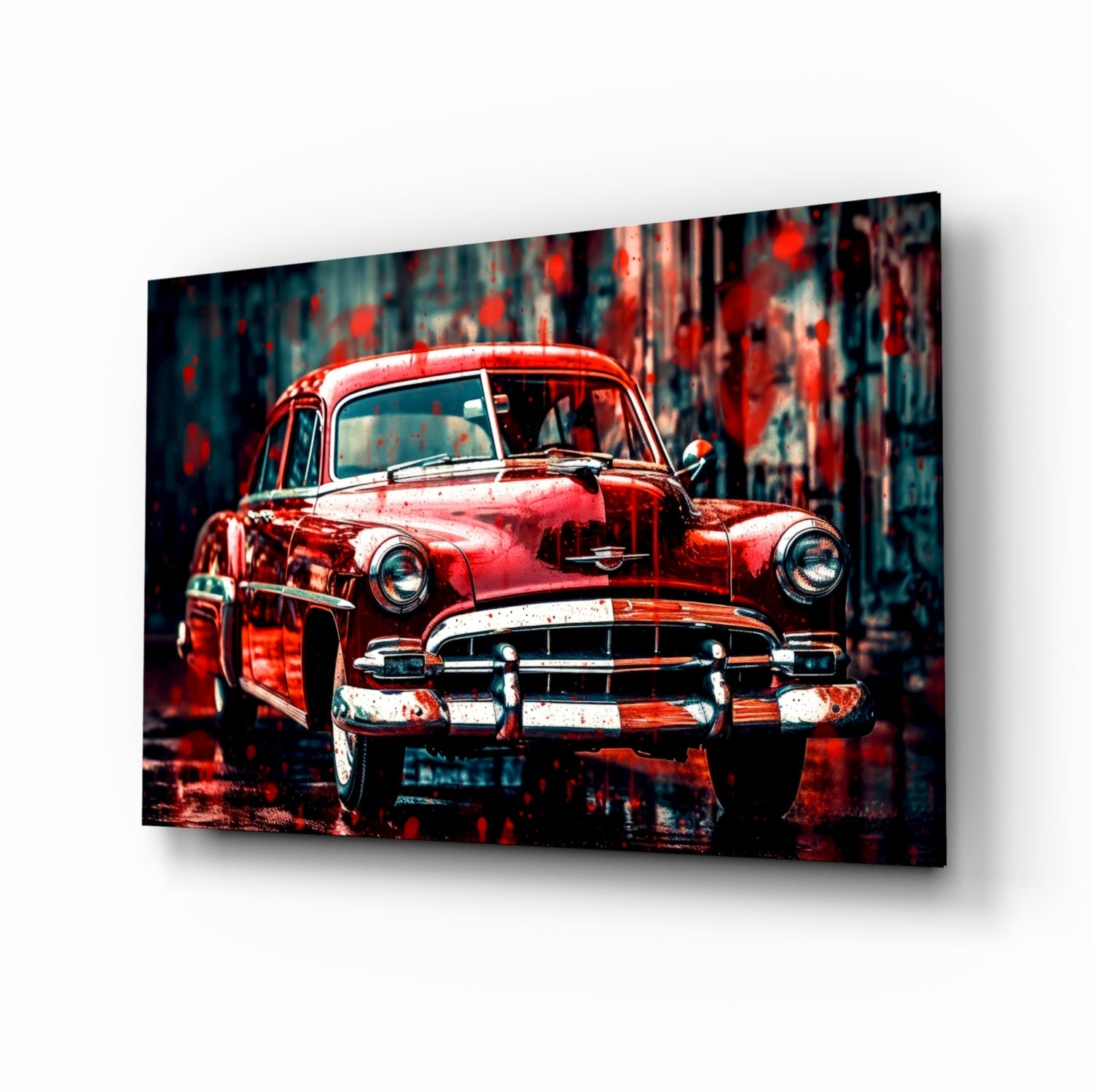 Red vintage 1950s American car displayed front-facing on glass wall art with distressed urban background.