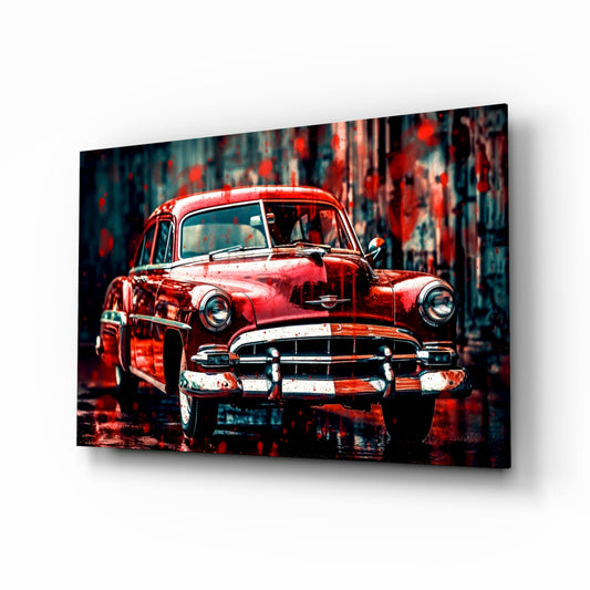 Red vintage 1950s American car displayed front-facing on glass wall art with distressed urban background.